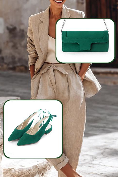Dress slingback heels in emerald green leather with flat flare heels and pointed toe - Worn view